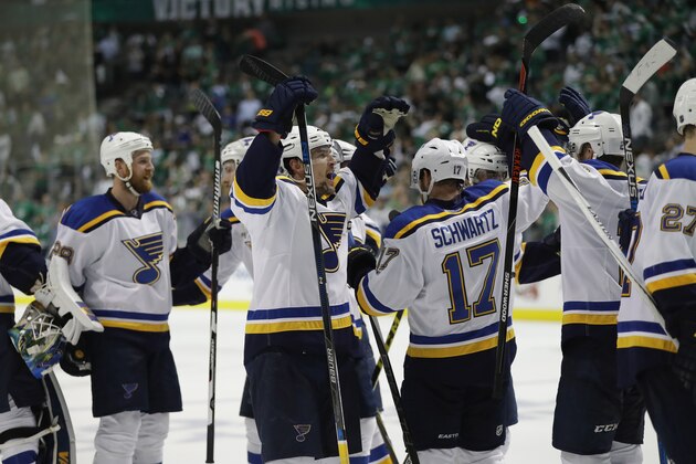 DALLAS, TX - MAY 11:  The St. Louis Blues celebrate a 6-1 win against the Dallas Stars in Game Seven of the Western Conference Second Round during the 2016 NHL Stanley Cup Playoffs at American Airlines Center on May 11, 2016 in Dallas, Texas.  (Photo by Ronald Martinez/Getty Images)