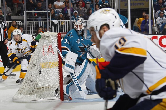 SAN JOSE, CA - MAY 7: Martin Jones #31 of the San Jose Sharks defends the net against the Nashville Predators in Game Five of the Western Conference Semifinals during the 2016 NHL Stanley Cup Playoffs at SAP Center on May 7, 2016 in San Jose, California. (Photo by Rocky W. Widner/NHL/Getty Images)