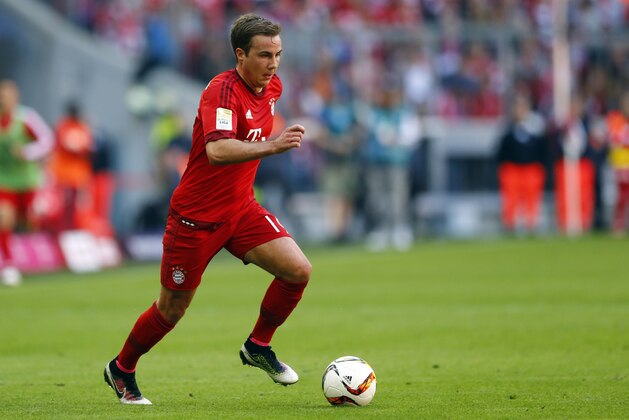 Bayern's Mario Goetze controls the ball during the German Bundesliga soccer match between FC Bayern Munich and Borussia Moenchengladbach at the Allianz Arena stadium in Munich, Germany, Saturday, April 30, 2016. (AP Photo/Matthias Schrader)
