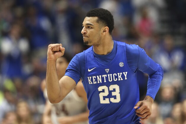 Kentucky's Jamal Murray (23) celebrates after a basket against Texas A&M during the first half of an NCAA college basketball game in the championship of the Southeastern Conference tournament in Nashville, Tenn., Sunday, March 13, 2016. (AP Photo/John Bazemore)