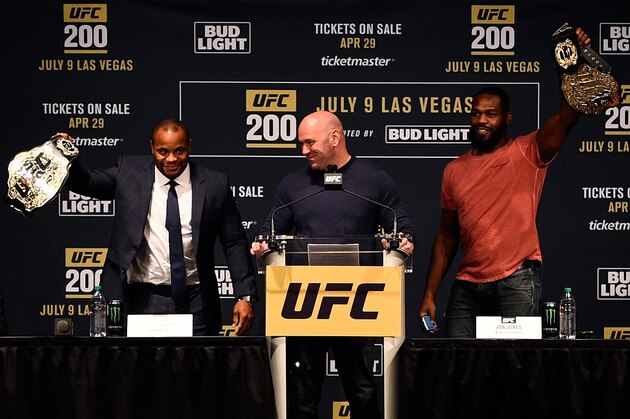 NEW YORK, NY - APRIL 27:  UFC President Dana White introduces UFC light heavyweight champion Daniel Cormier (L) and interim light heavyweight champion Jon Jones during the UFC 200 New York press event at Madison Square Garden on April 27, 2016 in New York City. (Photo by Jeff Bottari/Zuffa LLC/Zuffa LLC via Getty Images)