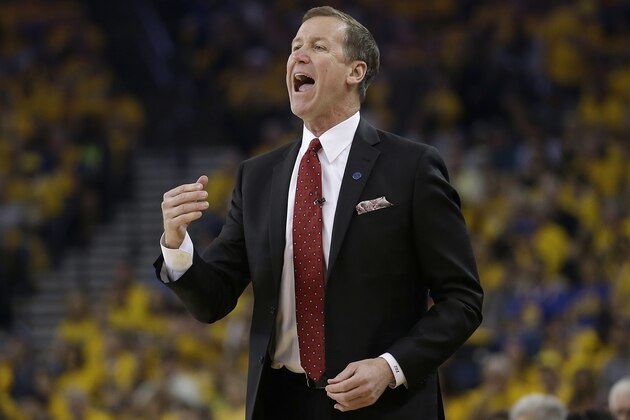 Portland Trail Blazers head coach Terry Stotts yells during the first half in Game 1 of a second-round NBA basketball playoff series against the Golden State Warriors in Oakland, Calif., Sunday, May 1, 2016. (AP Photo/Marcio Jose Sanchez)