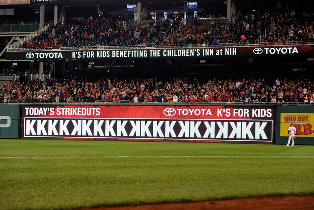 WASHINGTON, DC - MAY 11:  20 K are displayed on the scoreboard for Max Scherzer #31 (not pictured) of the Washington Nationals MLB record tying strikeout performance against the Detroit Tigers at Nationals Park on May 11, 2016 in Washington, DC.  (Photo by G Fiume/Getty Images)
