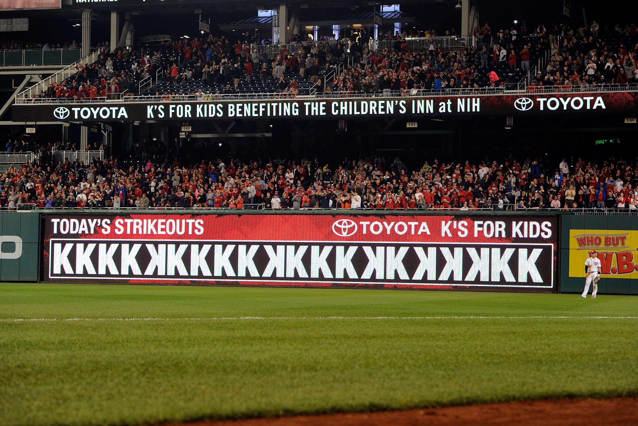 WASHINGTON, DC - MAY 11:  20 K are displayed on the scoreboard for Max Scherzer #31 (not pictured) of the Washington Nationals MLB record tying strikeout performance against the Detroit Tigers at Nationals Park on May 11, 2016 in Washington, DC.  (Photo by G Fiume/Getty Images)