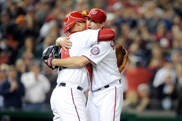 WASHINGTON, DC - MAY 11:  Max Scherzer #31 of the Washington Nationals celebrates with Wilson Ramos #40 after tying the MLB record for strikeouts in a game with 20 against the Detroit Tigers at Nationals Park on May 11, 2016 in Washington, DC.  (Photo by G Fiume/Getty Images)