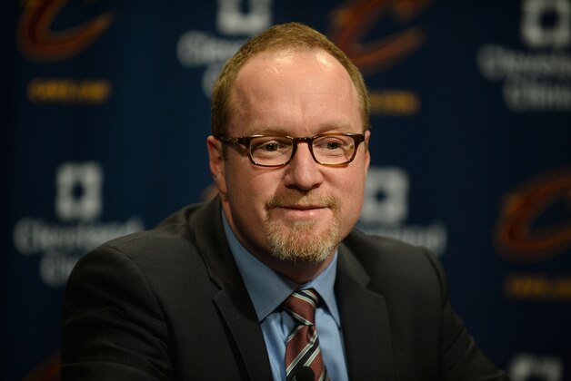 Feb 18, 2016; Cleveland, OH, USA; Cleveland Cavaliers general manager David Griffin talks with the media before the game between the Cleveland Cavaliers and the Chicago Bulls at Quicken Loans Arena. Mandatory Credit: Ken Blaze-USA TODAY Sports