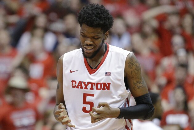 Dayton's Steve McElvene reacts after he lost control of a rebound during the second half of their NCAA college basketball game against St. Bonaventure, Saturday, Feb. 20, 2016, in Dayton, Ohio. St. Bonaventure won 79-72. (AP Photo/John Minchillo)