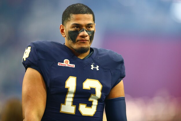 Jan 1, 2016; Glendale, AZ, USA; Notre Dame Fighting Irish tight end Tyler Luatua (13) against the Ohio State Buckeyes during the 2016 Fiesta Bowl at University of Phoenix Stadium. Mandatory Credit: Mark J. Rebilas-USA TODAY Sports