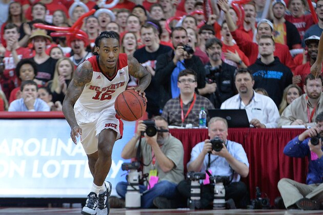 RALEIGH, NC - FEBRUARY 24:  Anthony 'Cat' Barber #12 of the North Carolina State Wolfpack moves the ball against the North Carolina State Wolfpack during their game at PNC Arena on February 24, 2016 in Raleigh, North Carolina. North Carolina won 80-68.  (Photo by Grant Halverson/Getty Images)