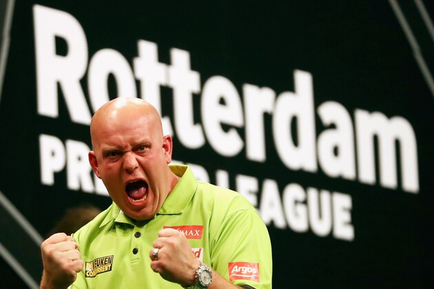 ROTTERDAM, NETHERLANDS - MAY 12:  Michael van Gerwen of the Netherlands celebrates victory in his match against Phil 'The Power' Taylor of England during the Darts Betway Premier League Night 15 at Rotterdam Ahoy on May 12, 2016 in Rotterdam, .  (Photo by Dean Mouhtaropoulos/Getty Images)