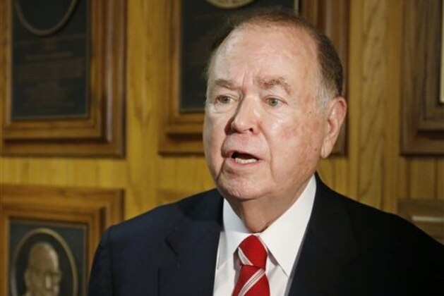In this March 10, 2015, photo, University of Oklahoma President David Boren talks with the media before the start of a Board of Regents meeting in Oklahoma City. Many colleges are clamping down on campus fraternities after their reputations are sullied by race-tainted incidents. Even with a school’s sometimes swift and hard action, episodes such as the racist chants by members of the Sigma Alpha Epsilon chapter at the University of Oklahoma still surface.  (AP Photo/Sue Ogrocki)