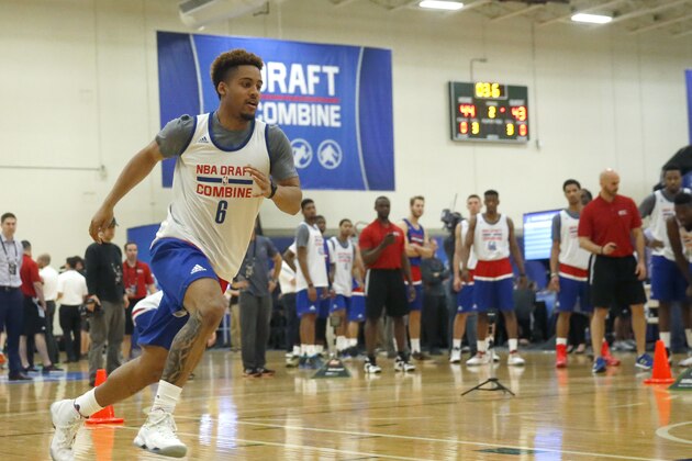 Melo Trimble, from Maryland, participates in the NBA draft basketball combine Thursday, May 12, 2016, in Chicago. (AP Photo/Charles Rex Arbogast)