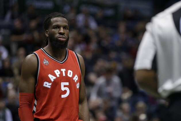 Toronto Raptors' DeMarre Carroll during an NBA basketball game against the Milwaukee Bucks Saturday, Dec. 26, 2015, in Milwaukee. (AP Photo/Aaron Gash)