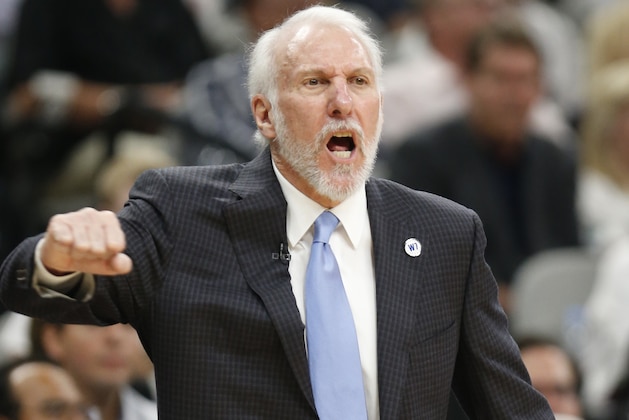 SAN ANTONIO,TX - MAY 10: Head coach Gregg Popovich of the San Antonio Spurs reacts during game against the Oklahoma City in game Five of the Western Conference Semifinals during the 2016 NBA Playoffs at AT&T Center on May 10, 2016 in San Antonio, Texas.  NOTE TO USER: User expressly acknowledges and agrees that , by downloading and or using this photograph, User is consenting to the terms and conditions of the Getty Images License Agreement. (Photo by Ronald Cortes/Getty Images)