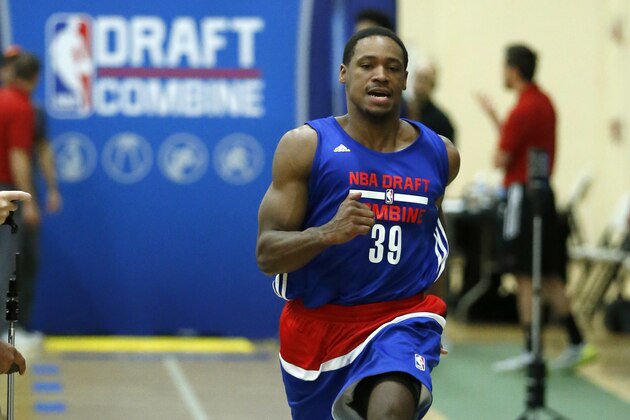Demetrius Jackson, from Notre Dame, participates in the NBA draft basketball combine, Thursday, May 12, 2016, in Chicago. (AP Photo/Charles Rex Arbogast)