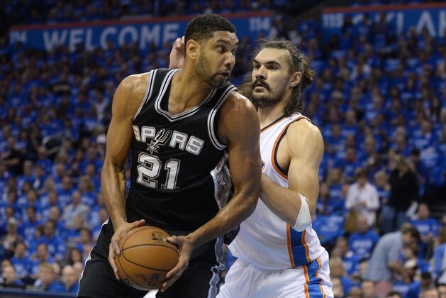 May 12, 2016; Oklahoma City, OK, USA; San Antonio Spurs center Tim Duncan (21) fights for position with Oklahoma City Thunder center Steven Adams (12) during the first quarter in game six of the second round of the NBA Playoffs at Chesapeake Energy Arena. Mandatory Credit: Mark D. Smith-USA TODAY Sports
