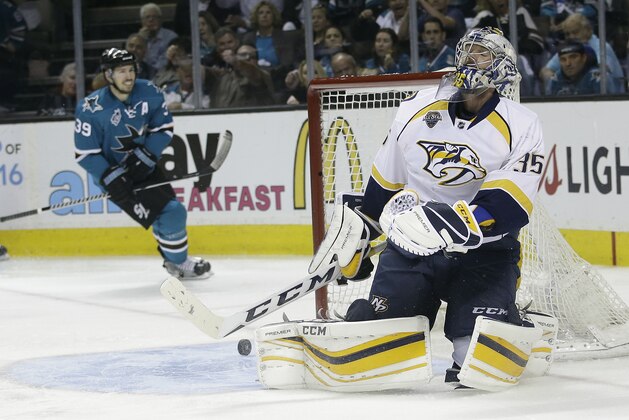 Nashville Predators goalie Pekka Rinne (35) reacts as he is beaten for a goal on a shot from San Jose Sharks' Patrick Marleau, not seen, during the third period of Game 7 in an NHL hockey Stanley Cup Western Conference semifinal series Thursday, May 12, 2016, in San Jose, Calif. San Jose won 5-0 and advanced to the conference finals against the St. Louis Blues. (AP Photo/Marcio Jose Sanchez)