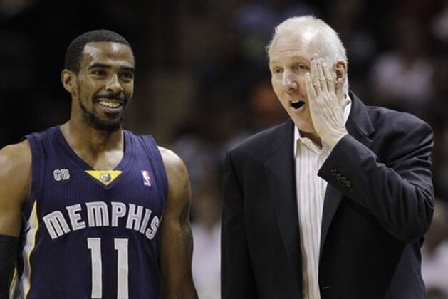 San Antonio Spurs coach Gregg Popovich, right, talks with Memphis Grizzlies' Mike Conley (11) during the first quarter of an NBA basketball game on Thursday, April 12, 2012, in San Antonio. (AP Photo/Eric Gay)
