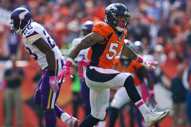DENVER, CO - OCTOBER 4:  Linebacker Shane Ray #56 of the Denver Broncos celebrates after sacking quarterback Teddy Bridgewater #5 of the Minnesota Vikings during a game at Sports Authority Field at Mile High on October 4, 2015 in Denver, Colorado.  (Photo by Doug Pensinger/Getty Images)