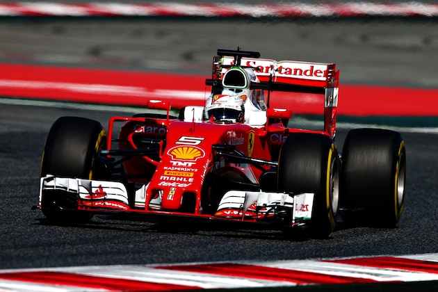 MONTMELO, SPAIN - MAY 13: Sebastian Vettel of Germany driving the (5) Scuderia Ferrari SF16-H Ferrari 059/5 turbo (Shell GP) on track during practice for the Spanish Formula One Grand Prix at Circuit de Catalunya on May 13, 2016 in Montmelo, Spain.  (Photo by Dan Istitene/Getty Images)