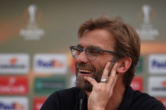 Liverpool's German manager Jurgen Klopp hosts a press conference in Liverpool, north west England, on May 13, 2016.
Liverpool face Sevilla in the Europa League on May 18, 2016, with both silverware and a Champions League place up for grabs and Klopp believes this result will provide his side with precious momentum and confidence. / AFP / PAUL ELLIS        (Photo credit should read PAUL ELLIS/AFP/Getty Images)
