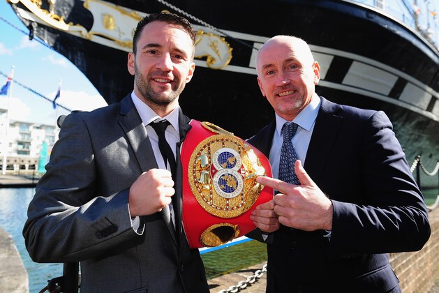 BRISTOL, ENGLAND - MARCH 31: Lee Haskins poses for a portrait alongside Barry McGuigan(R) during a Press Conference at the Great Eastern Hall on March 31, 2016 in Bristol, England.  (Photo by Harry Trump/Getty Images)