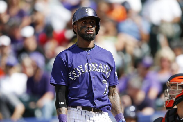Colorado Rockies shortstop Jose Reyes (7) in the third inning of a baseball game Sunday, Sept. 6, 2015, in Denver. San Francisco won 7-3. (AP Photo/David Zalubowski)