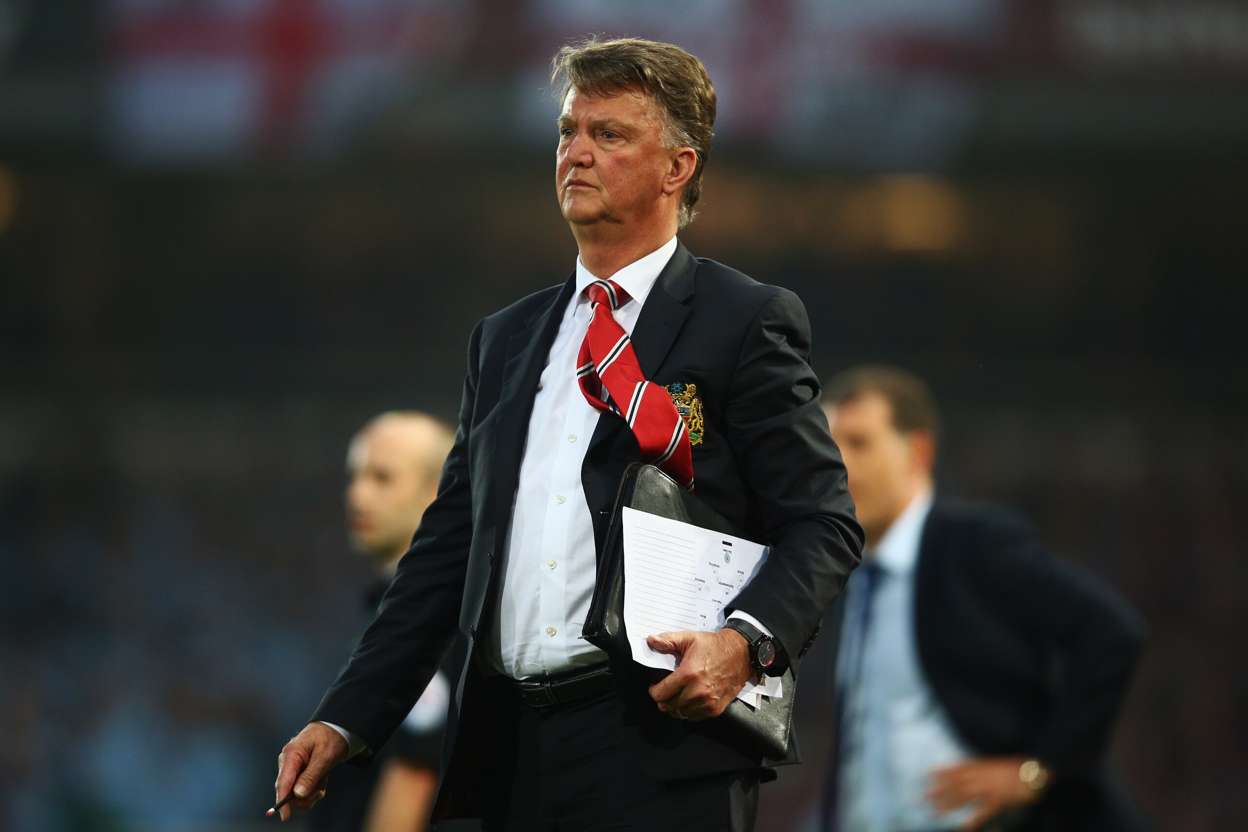 LONDON, ENGLAND - MAY 10:  Louis van Gaal manager of Manchester United looks on during the Barclays Premier League match between West Ham United and Manchester United at the Boleyn Ground on May 10, 2016 in London, England. West Ham United are playing their last ever home match at the Boleyn Ground after their 112 year stay at the stadium. The Hammers will move to the Olympic Stadium for the 2016-17 season.  (Photo by Paul Gilham/Getty Images)