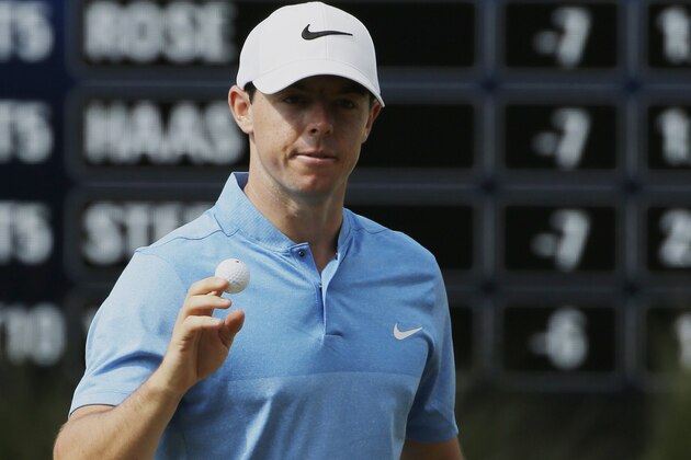 Rory McIlroy, of Northern Ireland, shows his ball after making a birdie putt on the 15th hole during the second round of The Players Championship golf tournament Friday, May 13, 2016, in Ponte Vedra Beach, Fla. (AP Photo/Chris O'Meara)