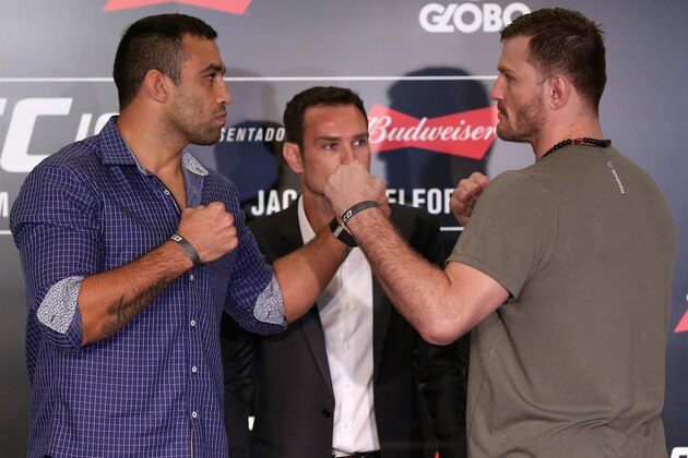 CURITIBA, BRAZIL - MAY 12:  Heavyweight fighters Fabricio Werdum (L) of Brazil and Stipe Miocic of the United States face off during Ultimate Media Day at Arena da Baixada stadium on May 12, 2016 in Curitiba, Parana.  (Photo by Buda Mendes/Zuffa LLC/Zuffa LLC via Getty Images)