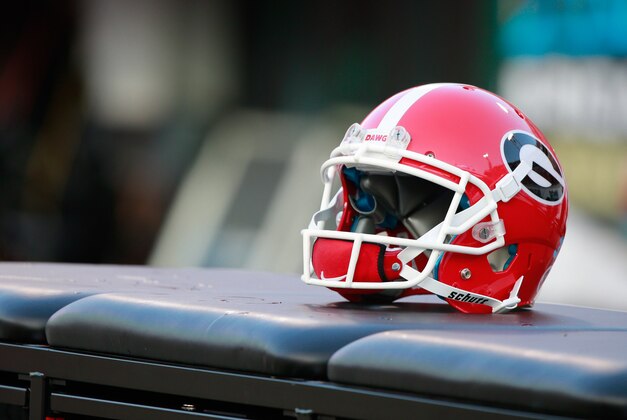 Oct 31, 2015; Jacksonville, FL, USA; Georgia Bulldogs helmet lays on the bench during the second half  against the Florida Gators at  EverBank Stadium. Florida Gators defeated the Georgia Bulldogs 27-3. Mandatory Credit: Kim Klement-USA TODAY Sports