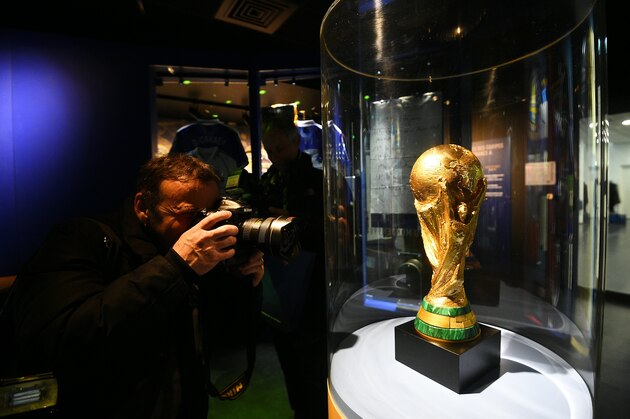 A picture taken on March 10, 2016 in Clairefontaine-en-Yvelines shows a replica of the World Cup trophy on display in a museum at a new conference centre of the French national football training centre.  / AFP / FRANCK FIFE        (Photo credit should read FRANCK FIFE/AFP/Getty Images)
