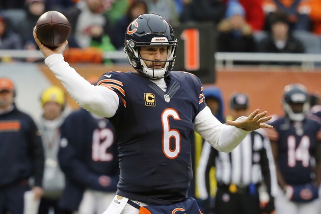 FILE - In this Jan. 3, 2016, file photo, Chicago Bears quarterback Jay Cutler throws a pass against the Detroit Lions in an NFL football game in Chicago. The Bears have a big job ahead of them after a last-place finish in the NFC North at 6-10. With or without offensive coordinator Adam Gase, general manager Ryan Pace said the Bears have “extreme confidence” in Cutler and plan to build the offense around him. (AP Photo/Charles Rex Arbogast, File)
