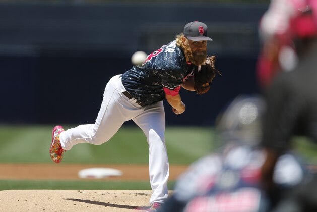 San Diego Padres starting pitcher Andrew Cashner pitches to a New York Mets batter during the first inning of a baseball game Sunday, May 8, 2016, in San Diego. (AP Photo/Gregory Bull)