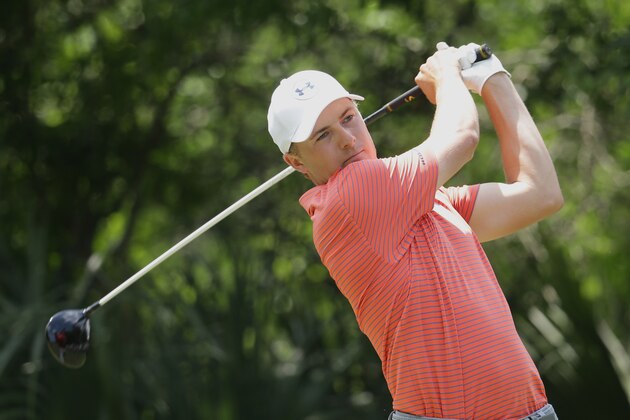 Jordan Spieth hits from the fifth tee during the second round of The Players Championship golf tournament Friday, May 13, 2016, in Ponte Vedra Beach, Fla. (AP Photo/Lynne Sladky)