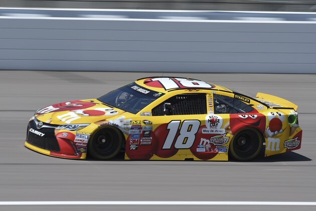 Kyle Busch runs his car during Sprint Cup Series afternoon practice at Kansas Speedway in Kansas City, Kan., Friday, May 6, 2016. (AP Photo/Reed Hoffmann)