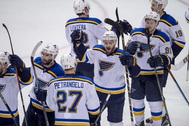 May 11, 2016; Dallas, TX, USA; The St. Louis Blues celebrate after defeating the Dallas Stars 6-1 in game seven of the second round of the 2016 Stanley Cup Playoffs at American Airlines Center. Mandatory Credit: Jerome Miron-USA TODAY Sports