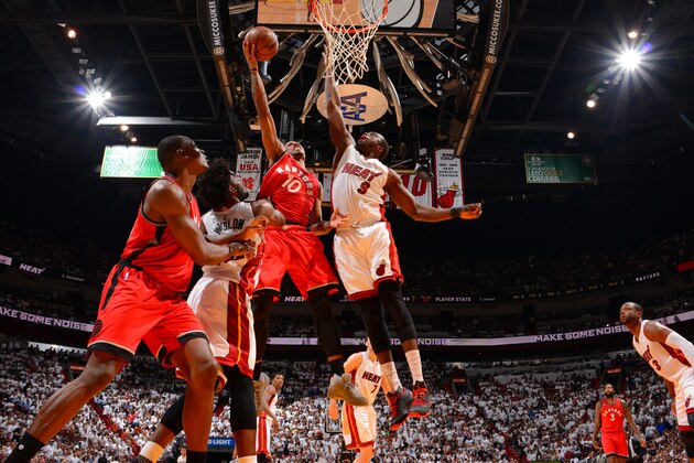 MIAMI,FL - MAY 13 :  DeMar DeRozan #10 of the Toronto Raptors goes up for the layup against the Miami Heat during the Eastern Conference playoffs Semifinals Game Six on May 13, 2016 at the American Airlines Arena in Miami, Florida. NOTE TO USER: User expressly acknowledges and agrees that, by downloading and/or using this Photograph, user is consenting to the terms and conditions of the Getty Images License Agreement. Mandatory Copyright Notice: Copyright 2016 NBAE (Photo by Jesse D. Garrabrant/NBAE via Getty Images)