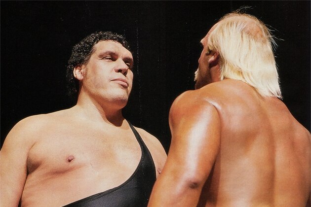 Andre the Giant squares off with Hulk Hogan.