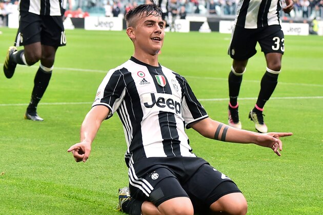 Juventus' forward from Argentina Paulo Dybala celebrates a goal during the Italian Serie A football match Juventus vs Sampdoria on May 14, 2016 at the 'Juventus Stadium' in Turin. Juventus celebrate a record-equalling fifth consecutive Serie A title. / AFP / GIUSEPPE CACACE        (Photo credit should read GIUSEPPE CACACE/AFP/Getty Images)