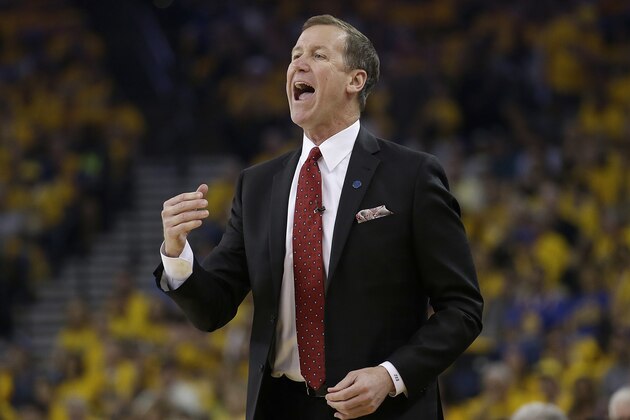 Portland Trail Blazers head coach Terry Stotts yells during the first half in Game 1 of a second-round NBA basketball playoff series against the Golden State Warriors in Oakland, Calif., Sunday, May 1, 2016. (AP Photo/Marcio Jose Sanchez)