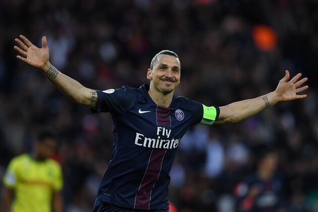 Paris Saint-Germain's Swedish forward Zlatan Ibrahimovic celebrates his goal during the French L1 football match between Paris Saint-Germain and Nantes at the Parc des Princes stadium in Paris on May 14, 2016. AFP PHOTO / FRANCK FIFE / AFP / FRANCK FIFE        (Photo credit should read FRANCK FIFE/AFP/Getty Images)