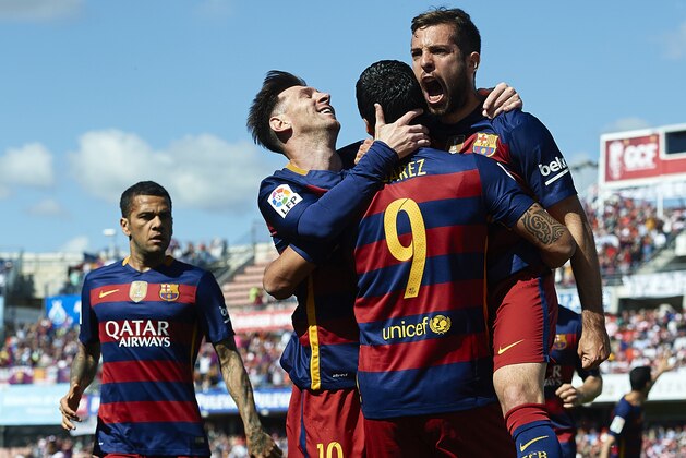 GRANADA, SPAIN - MAY 14: Luis Suarez of FC Barcelona celebrates scoring his team's first goal with his teamates Lionel Messi and Jordi Alba during the La Liga match between Granada CF and FC Barcelona at Estadio Nuevo Los Carmenes on May 14, 2016 in Granada, Spain. (Photo by Manuel Queimadelos Alonso/Getty Images) GRANADA, SPAIN - MAY 14: Luis Suarez of FC Barcelona celebrates scoring his team's first goal with his teamates Lionel Messi and Jordi Alba during the La Liga match between Granada CF and FC Barcelona at Estadio Nuevo Los Carmenes on May 14, 2016 in Granada, Spain. (Photo by Manuel Queimadelos Alonso/Getty Images)
