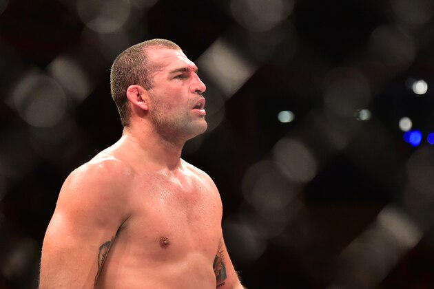 Aug 1, 2015; Rio de Janeiro, RJ, Brazil; Mauricio  Shogun  Rua (red gloves) looks on against Antonio Rogerio  Minotouro  Nogueira (not pictured) during UFC 190 at HSBC Arena. Mandatory Credit: Jason Silva-USA TODAY Sports