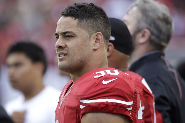 San Francisco 49ers running back Jarryd Hayne (38) before an NFL football game against the Baltimore Ravens in Santa Clara, Calif., Sunday, Oct. 18, 2015. (AP Photo/Jeff Chiu)