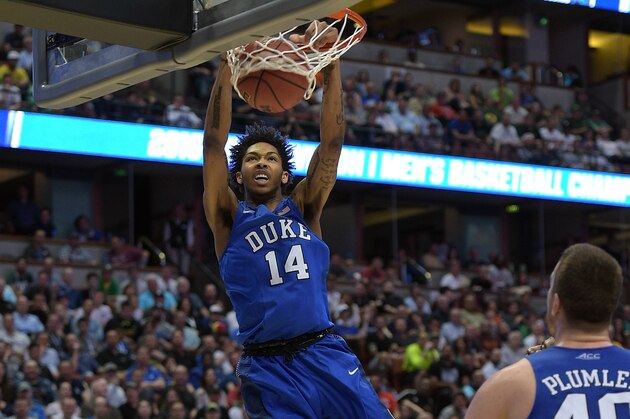 ANAHEIM, CA - MARCH 24: Brandon Ingram #4 of the Duke Blue Devils dunks against the Oregon Ducks during the West Regional Semifinal of the 2016 NCAA Men's Basketball Tournament at Honda Center on March 24, 2016 in Anaheim, California. (Photo by Lance King/Getty Images)