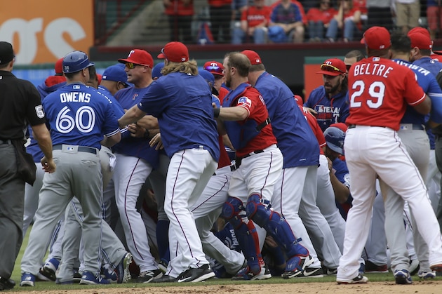 The Toronto Blue Jays and Texas Rangers have a benches clearing brawl during the eighth inning of a baseball game in Arlington, Texas, Sunday, May 15, 2016. (AP Photo/LM Otero)