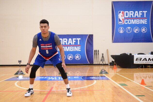 CHICAGO, IL - MAY 12:  Wade Baldwin IV #9 stretches during 2016 NBA Draft Combine on May 12, 2016 at the Quest Multisport in Chicago, Illinois. NOTE TO USER: User expressly acknowledges and agrees that, by downloading and/or using this photograph, user is consenting to the terms and conditions of the Getty Images License Agreement.  Mandatory Copyright Notice: Copyright 2016 NBAE (Photo by Randy Belice/NBAE via Getty Images)