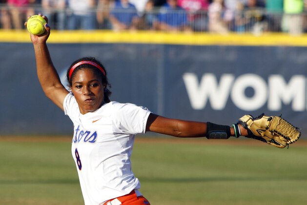 Florida's Aleshia Ocasio (8) pitches in the first inning during the NCAA Women's College World Series Championship against Michigan in Oklahoma City, Monday, June 1, 2015. (AP Photo/Alonzo Adams)