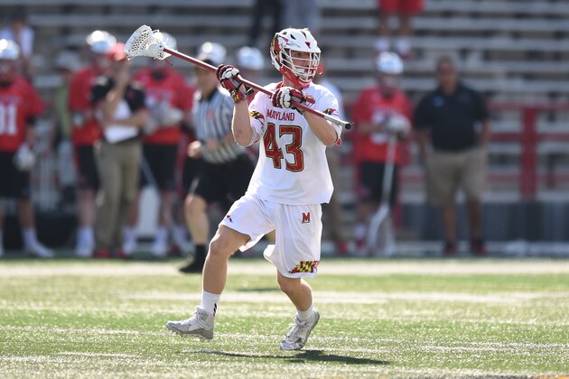 COLLEGE PARK, MD - APRIL 16:  Mac Pons #43 of the Maryland Terrapins looks to pass the ball during a college lacrosse game against the Rutgers Scarlet Knights at Capitol One Field at Maryland Stadium on April 16, 2016 in College Park, Maryland.  The Terrapins won 11-8.  (Photo by Mitchell Layton/Getty Images)